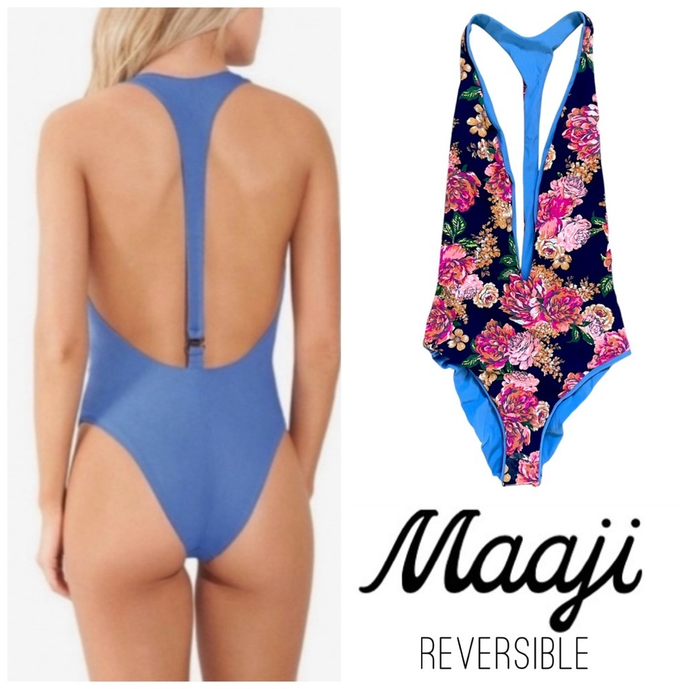 Maaji Reversible Tiky Cheeky Cut Plunge One Piece Swimsuit Size L NWT
